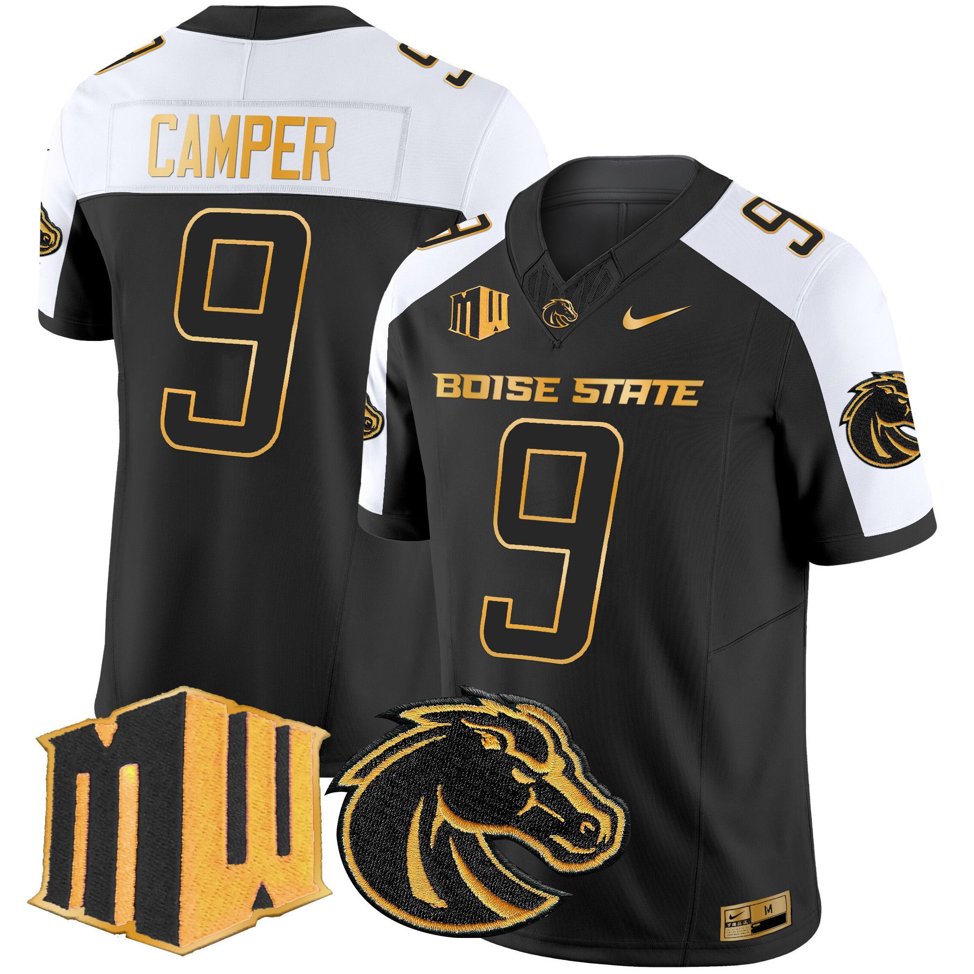 Men Boise State Broncos 9 Camper Black Nike 2024 Gold Vapor Limited NCAA Jersey style 2